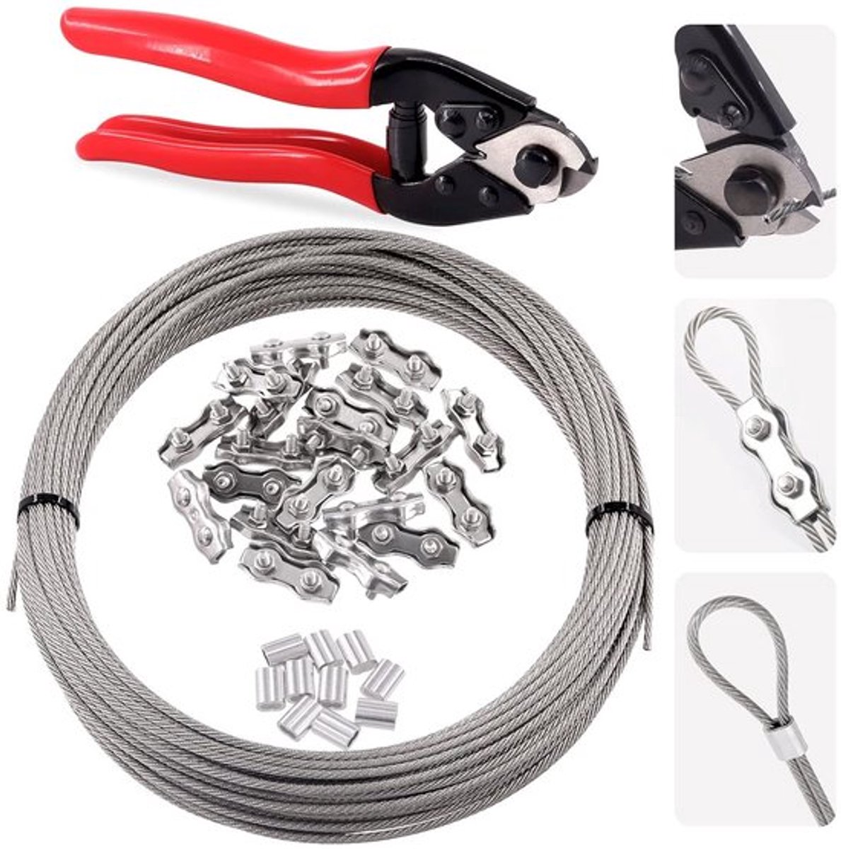32-delige set van 1/8" x 98 voet roestvrijstalen kabel met kabelknipper, aluminium krimpkousen en duplex clips voor trapleuningen en balustrades