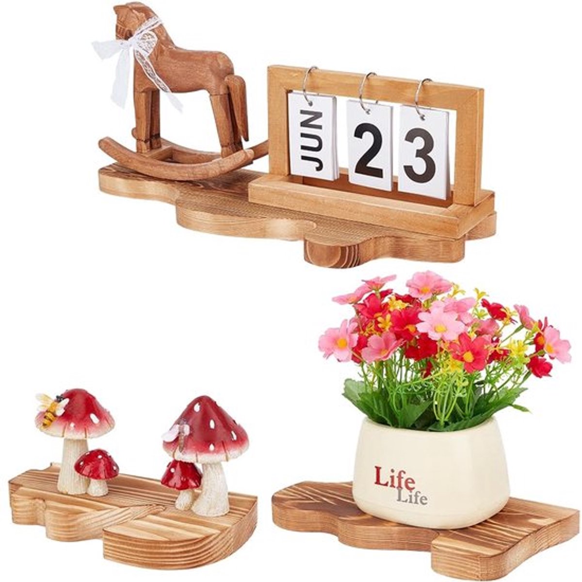 Zwevende Planken Set van 3 - Rustieke Wandplank - Drijvende Plank - Wanddecoratie - Opslag voor Sieraden - Golvende Rand