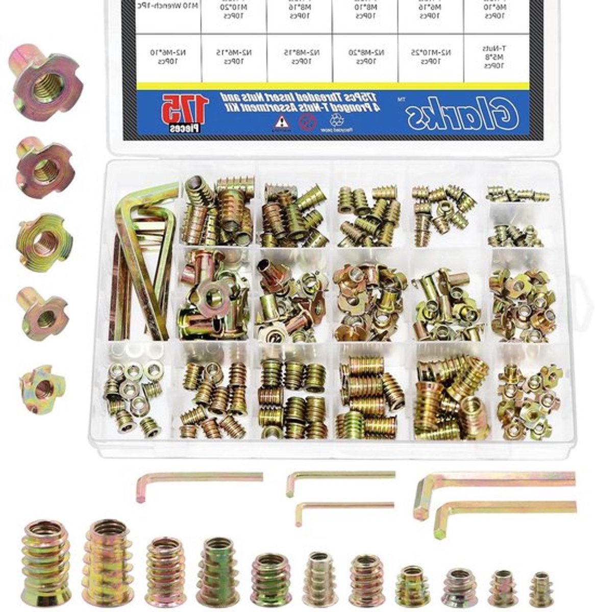 Complete Set van 175 Stuks M4 M5 M6 M8 M10 Draadmoeren met Inbussleutels voor Houtbewerking, Meubels en Kasten