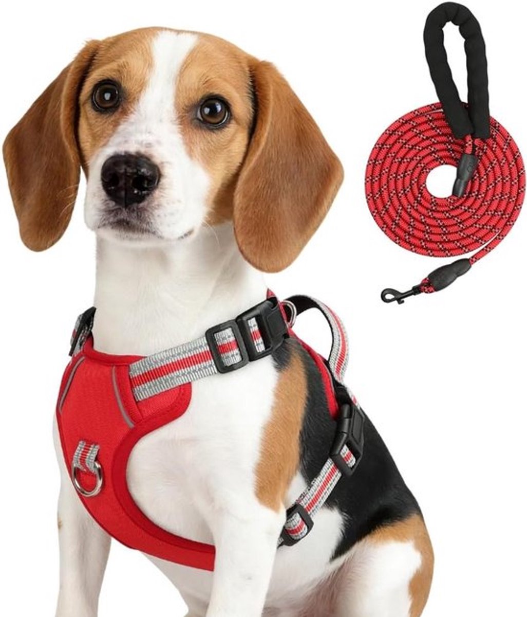 Verstelbaar Hondentuig met Leash en Gesp, Geen Trek Tuig voor Kleine en Grote Honden, Reflecterende Strip voor Veilig Wandelen en Hardlopen, Rood, Maat L