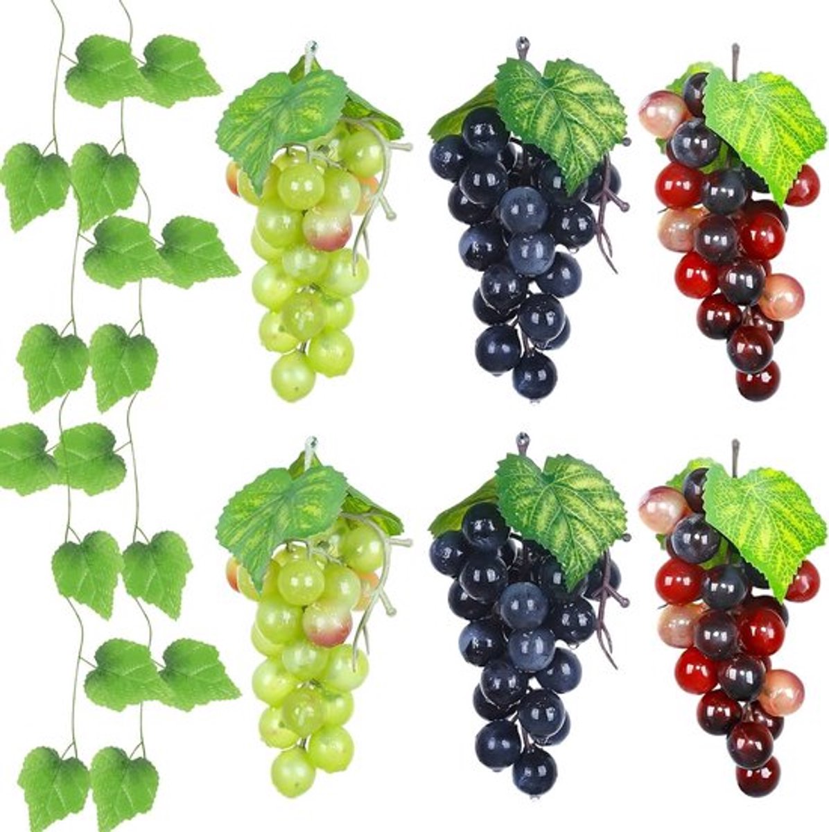 Decoratieve Nep Druiven Set van 7 Stukken - Kunstfruit voor Huis en Tuin, Realistische Druiven met Bladeren
