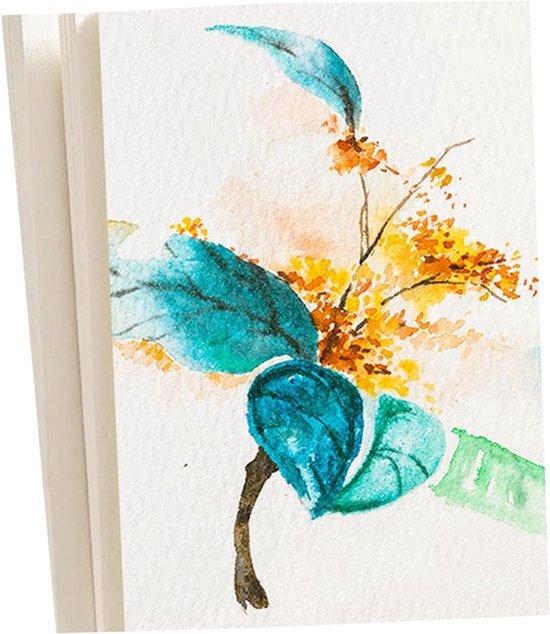 Aquarel schilderij van een tak met blauwe en oranje bloesems op wit papier.