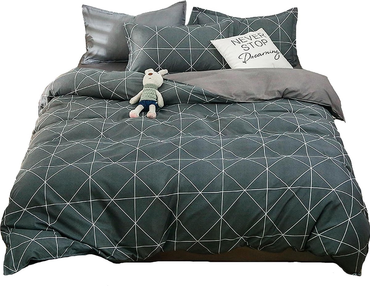 Microfibre Bed Linen Set, Dark Grey Stripes, Bed Linen with Zip, 1 x Duvet Cover 220 x 240 cm + 1 x Sheet 230 x 250 cm - ShopVlot
