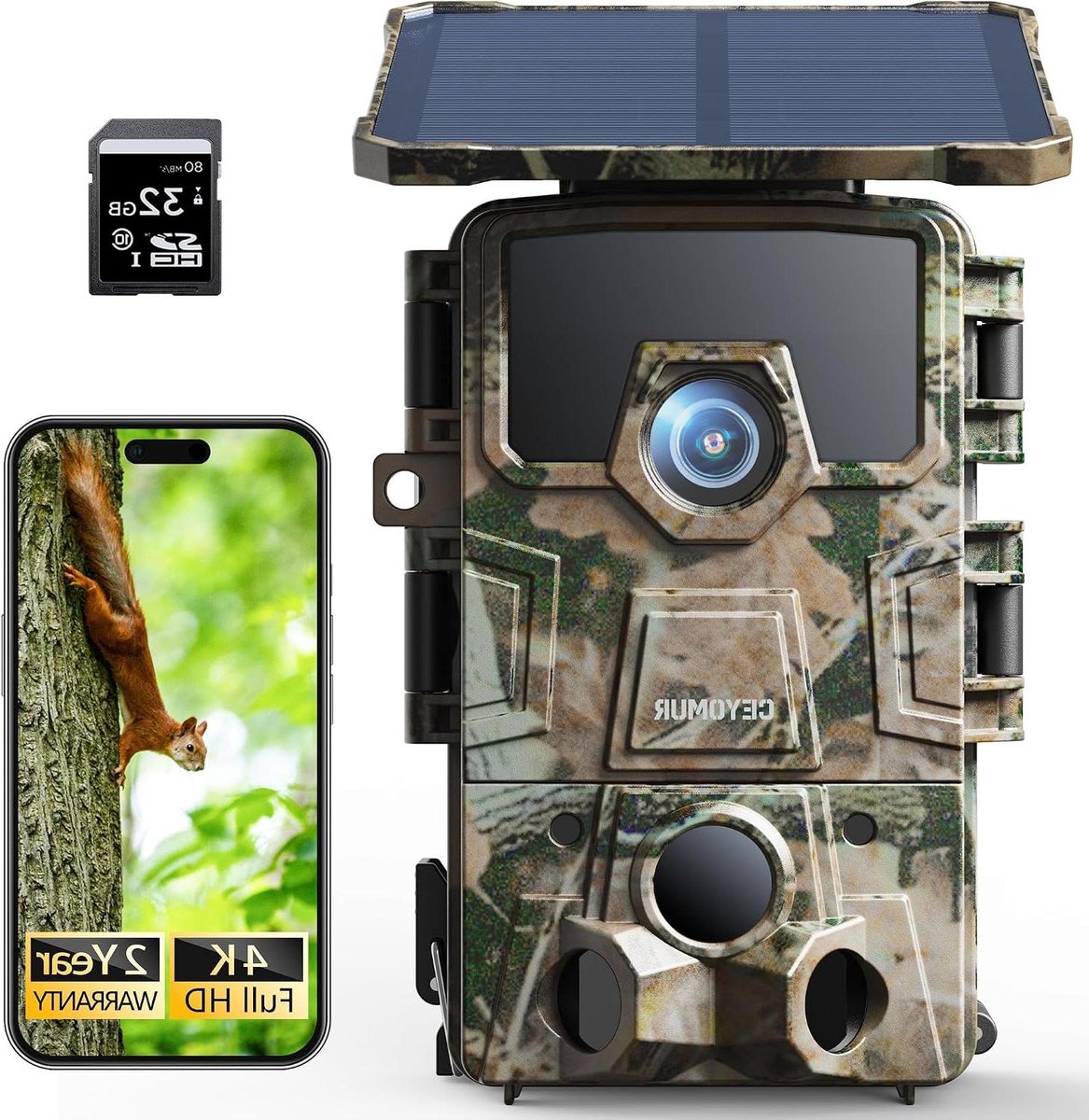 Zonne Jachtcamera - Wildcamera Bewegingsdetector - Natuur Observatie - Wi-Fi 6 Overdracht - 60MP 4K Video - Gecamoufleerd