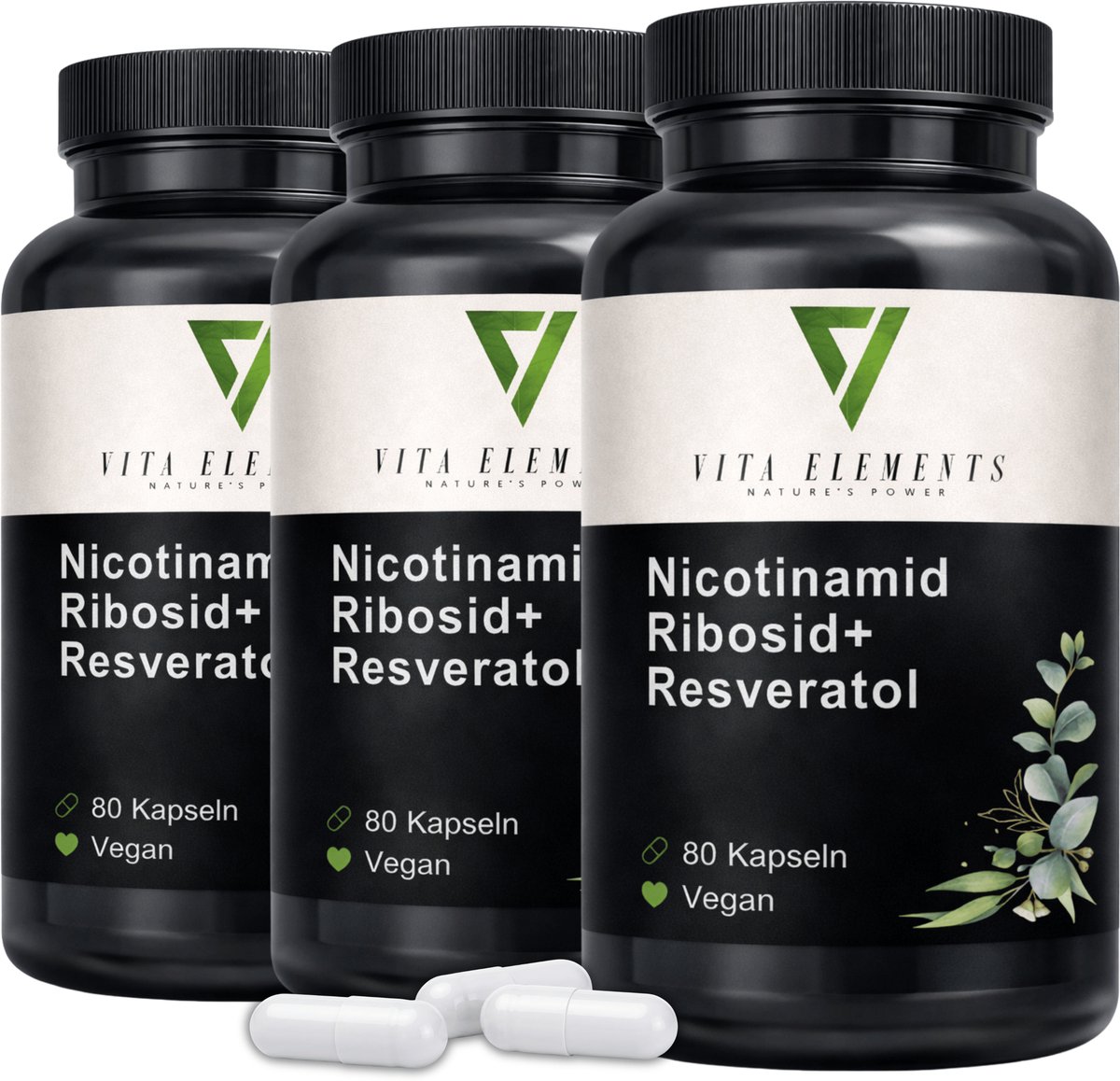 Vita Elements Nicotinamide Riboside NAD+ Capsules met Resveratrol en Quercetine - Veganistisch - GMO-vrij - 80 Capsules - Getest in Duitsland - set van 3