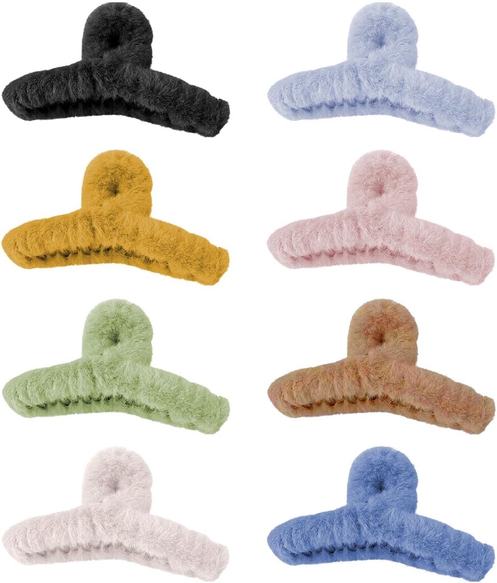 8pcs Fluffy Plush Hair Claw Clips, Colorful Claw Clips for Thick Hair, Super Grip Elegant Accessories for Women and - ShopVlot