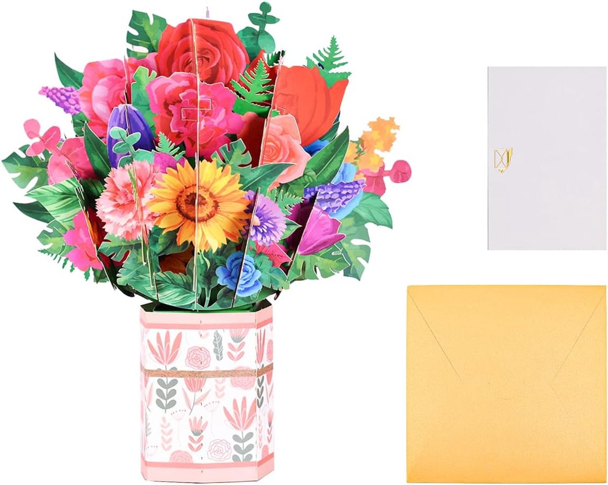 SnelShoppen - 3D Pop Up Wenskaarten Zonnebloem en Roos voor Verjaardag, Bruiloft, Valentijnsdag, Moederdag - Hoogwaardige Kleurenkaarten - 22x23cm - C