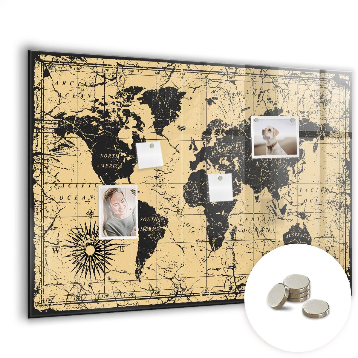 Coloray Glazen Magneetbord - Magnetisch Bord Vintage wereldkaart - 100x70 cm - Veelkleurig Magneetbord - Magnetic Board - Magneetbord Design