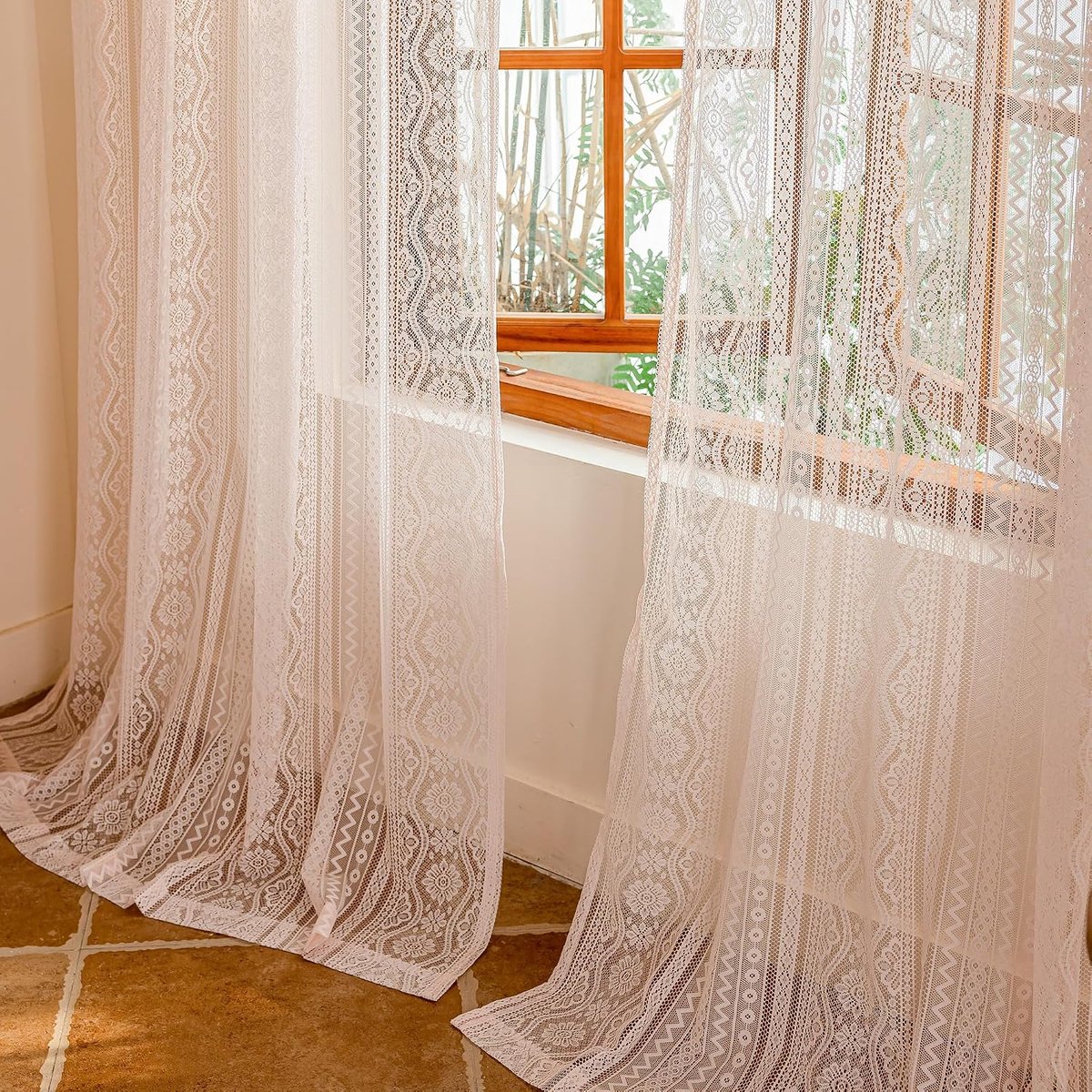 SnelShoppen - Roze Kinderkamer Gordijnen met Kant voor Meisjes - Transparante Boho Gordijnen 140 x 225 cm - Set van 2 - Voor Woonkamer, Slaapkamer en
