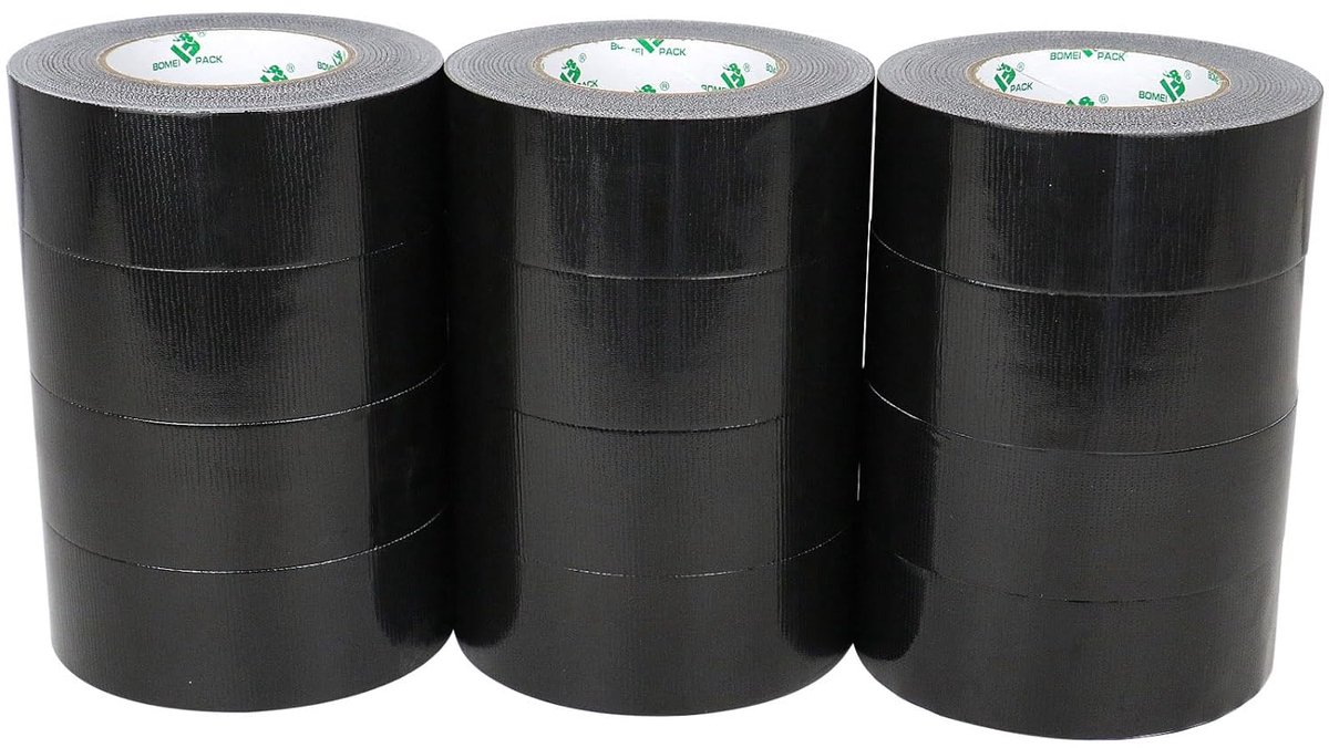 SnelShoppen - BOMEI PACK 12 Rollen Zwart Armor Tape - 50 mm x 50 m, Sterke Plakband - Handafscheurbaar - Versterkte Stoffen Tape - Zwart - Reparatieta
