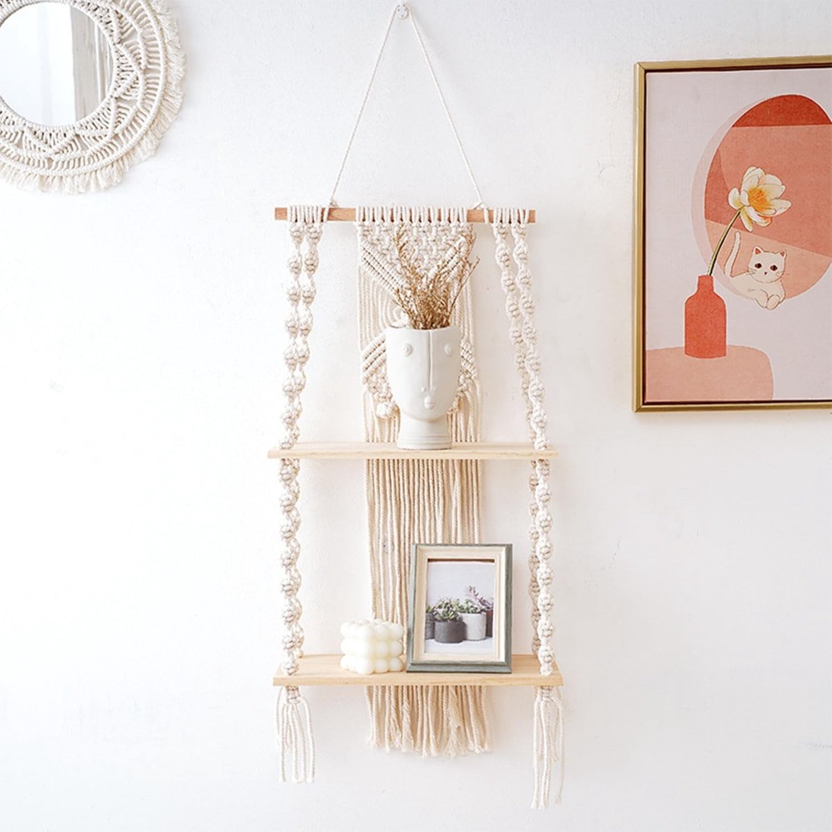 Handgeweven Macramé Wandplank van Hout, Bohemian Decoratie, Zwevende Plank voor Woonkamer, Badkamer en Kinderkamer met 2 Niveaus