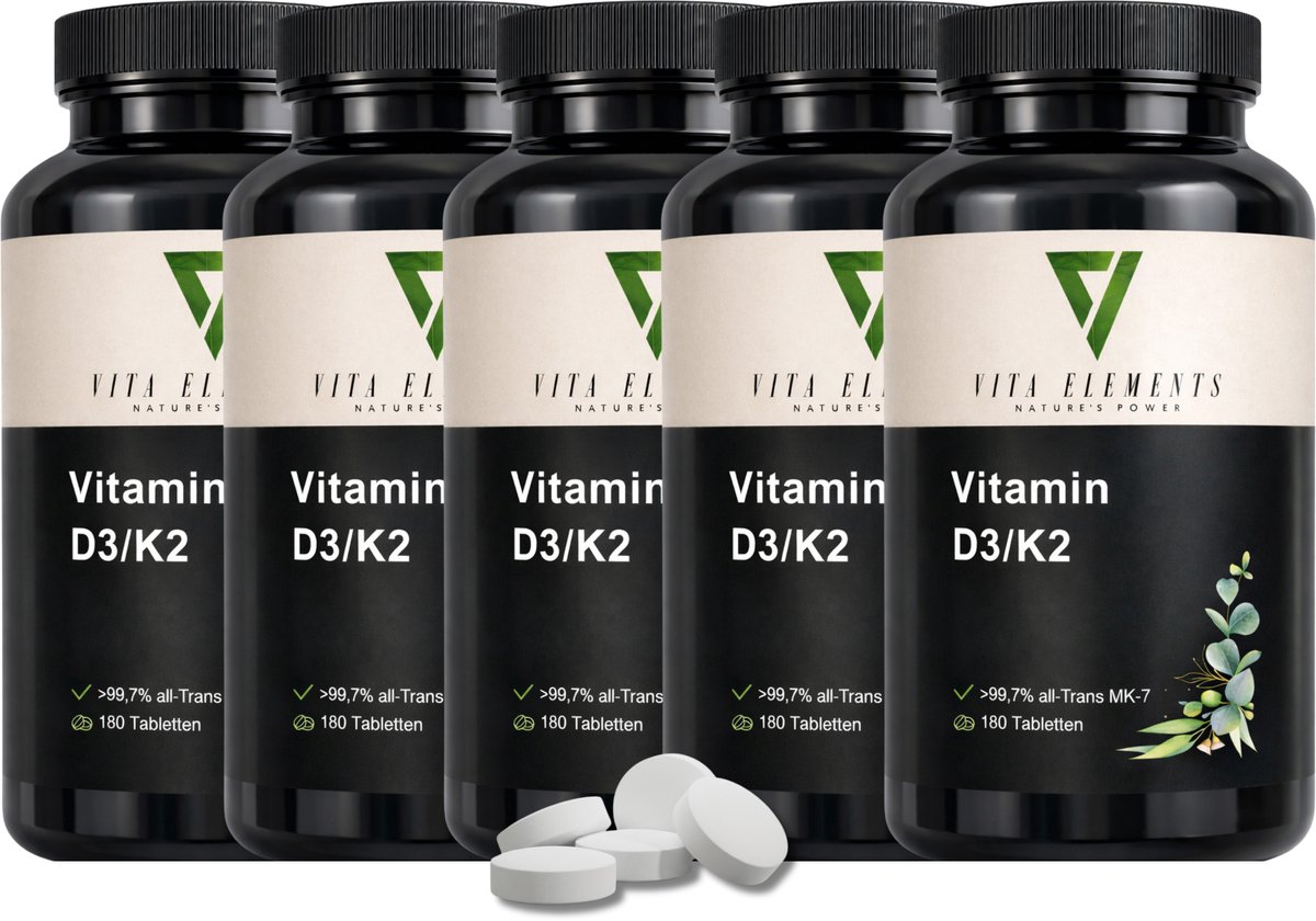 Vita Elements Vitamine D3 K2-tabletten Laboratoriumgetest in Duitsland Voedingssupplement Vegan Vrij van genetisch gemodificeerde ingrediënten Zonder onnodige toevoegingen 180 tabletten - Set van 5