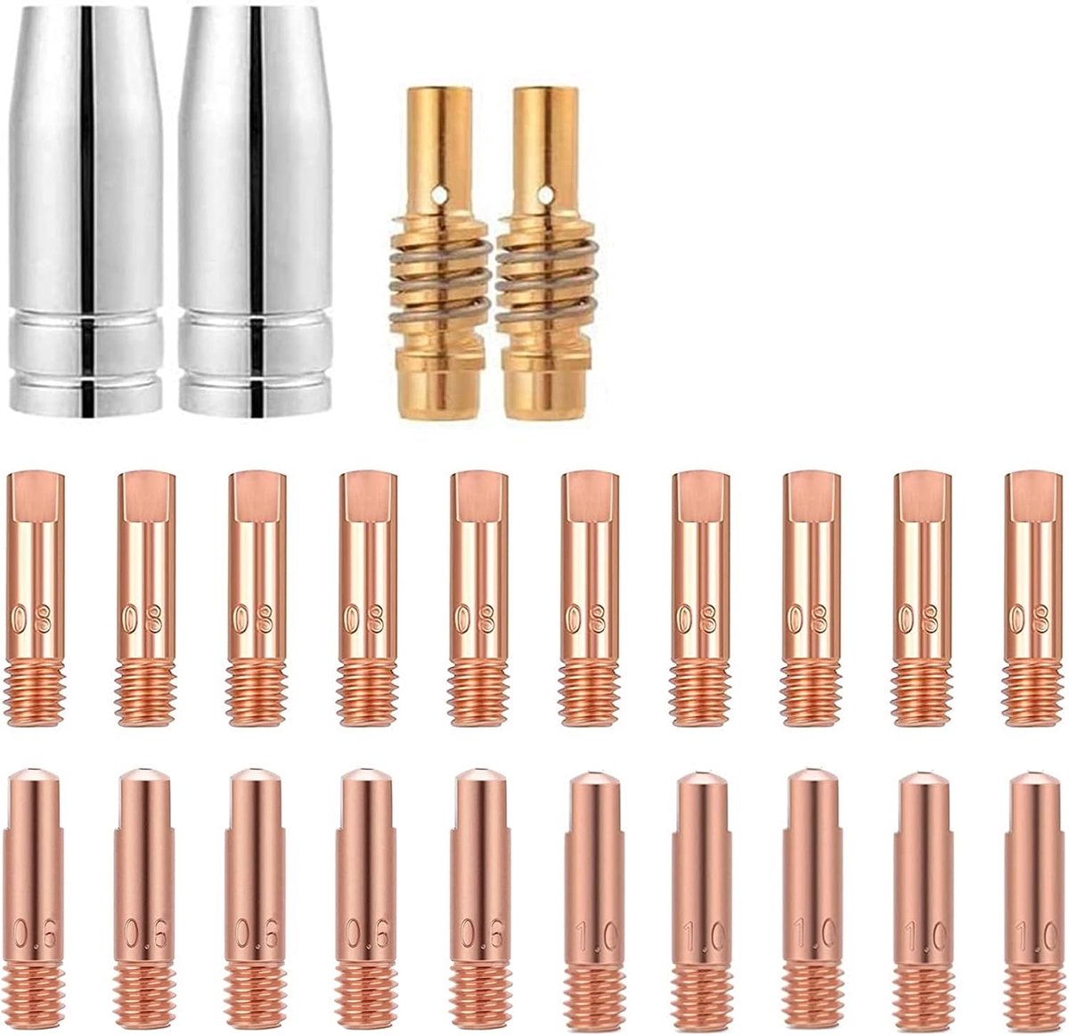 SnelShoppen - MIG MAG Lasbrander, Slijtagedelen Set, Geschikt voor 15AK MB15, 24 Stuks, 2 x Gasnozzles, 2 x Nozzles, 20 x Stroomnozzles, M6, 0.6 mm, 0