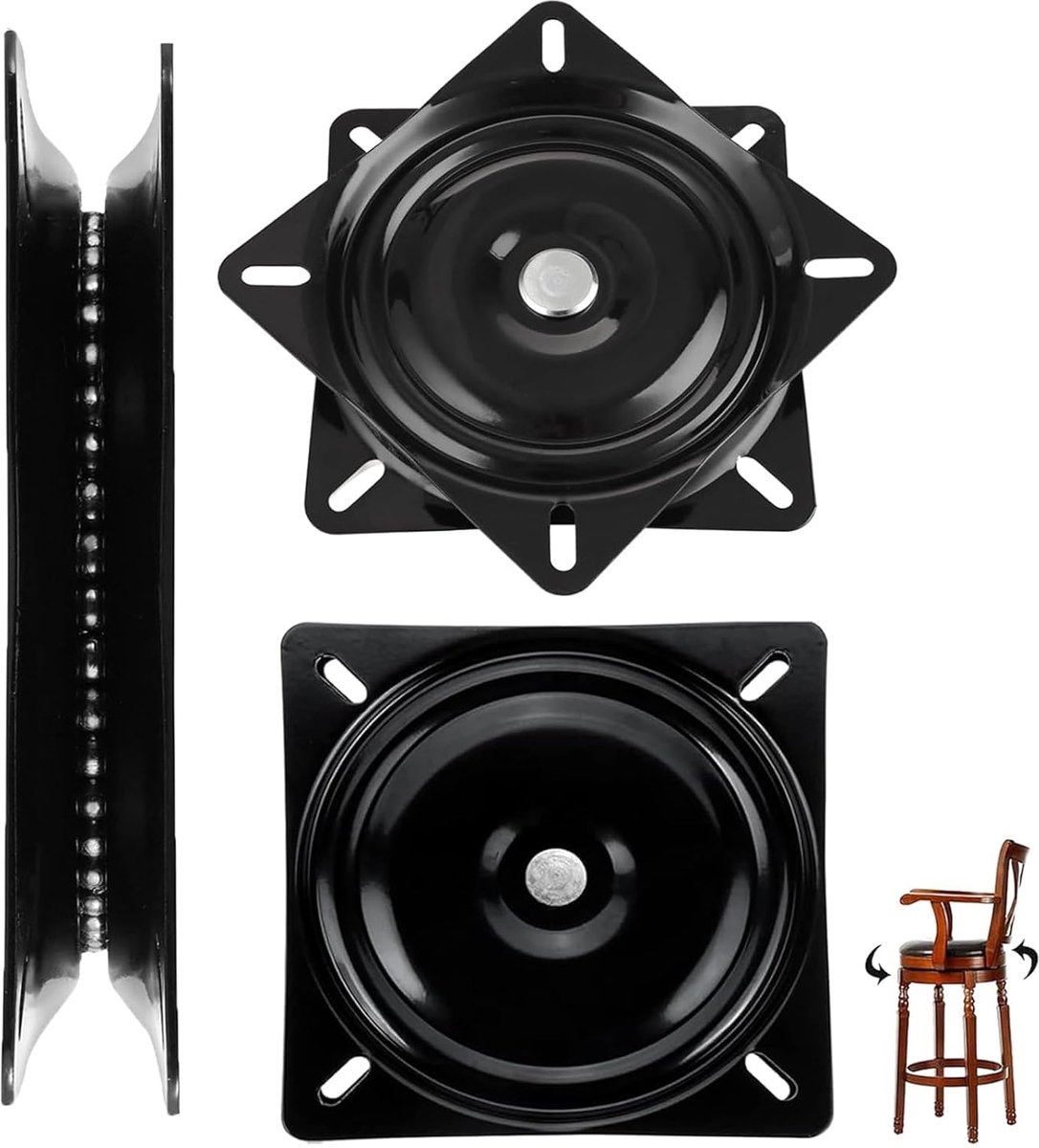 SnelShoppen - Set van 2 Draaiende Plates 360° - Stevige Zwarte Stalen Draaiende Platen 154x154mm voor Stoelen, Barkrukken, Kasten en Meubels