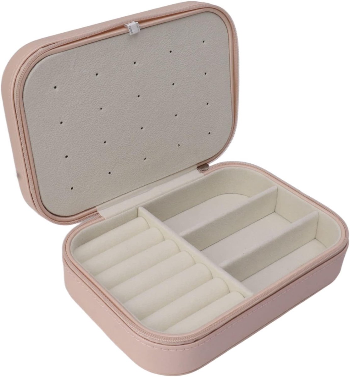 SnelShoppen - Compacte sieradenbox met rits, multifunctionele opbergdoos voor oorbellen, ringen, kettingen, leren materiaal, ideaal voor thuis en op r