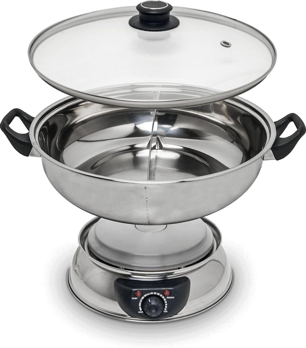 Elektrische fonduepan - Hotpot - Gezellig tafelen - Twee aparte vakken - 45 liter - Zilver