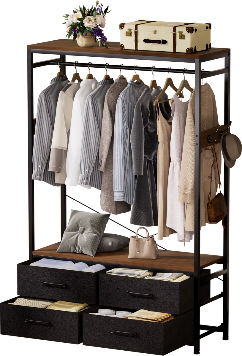 Casamoda Kledingkast met Laden - 100 x 40 x180 cm - Kledingrek - 4 grote lades - 4 haken en 1 kledingstang - Draagkracht 150 kg - Garderobekast - Kapstok - Walnoot/Zwart