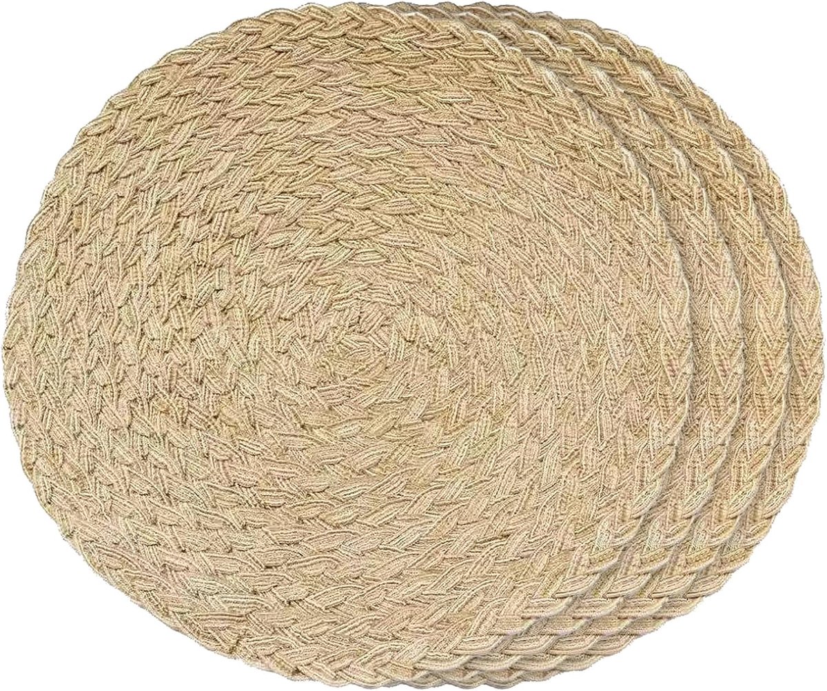 Placemats - Ronde Geweven Placemats - 38 cm - Wasbaar en Antislip - Voor Keuken en Eetkamer - 4 stuks - Khaki