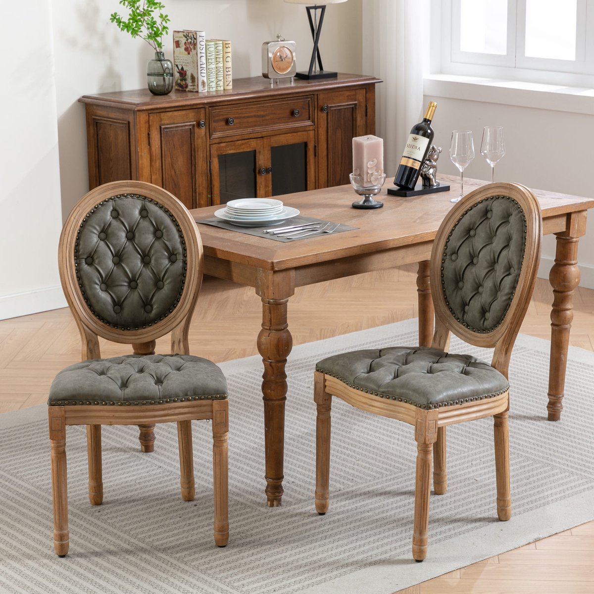 Sweiko Eetkamerstoel – Set van 2 – Frame van verouderd massief hout – Ovale rugleuning met tufting – Zitkussen van PU-leer – Olijfgroen