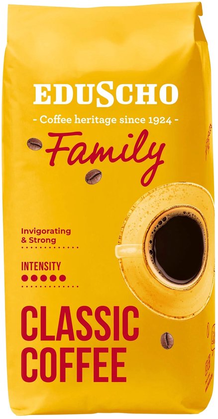 Gele verpakking van Eduscho 'Family Classic Coffee' met koffiebonen en een kop koffie.