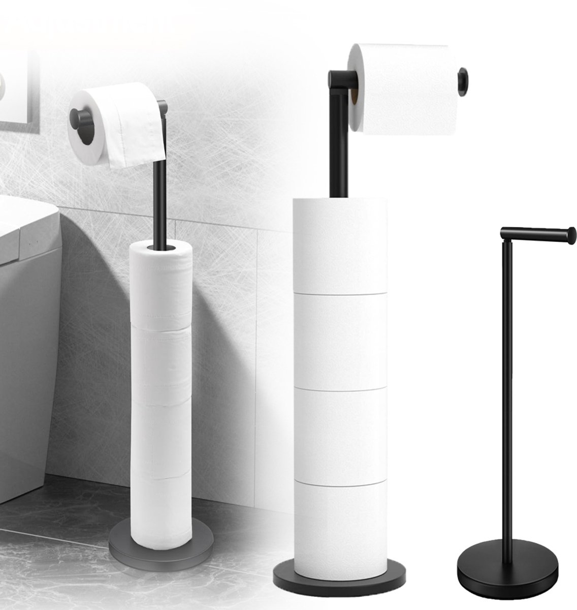 Vrijstaande Toiletpapierhouder Van Roestvrij Staal Met Verzwaarde Voet - Antislipmat Geschikt Voor Meerdere Rollen Ruimtebesparend - Eenvoudige Installatie Geen Gereedschap Nodig - Zwart