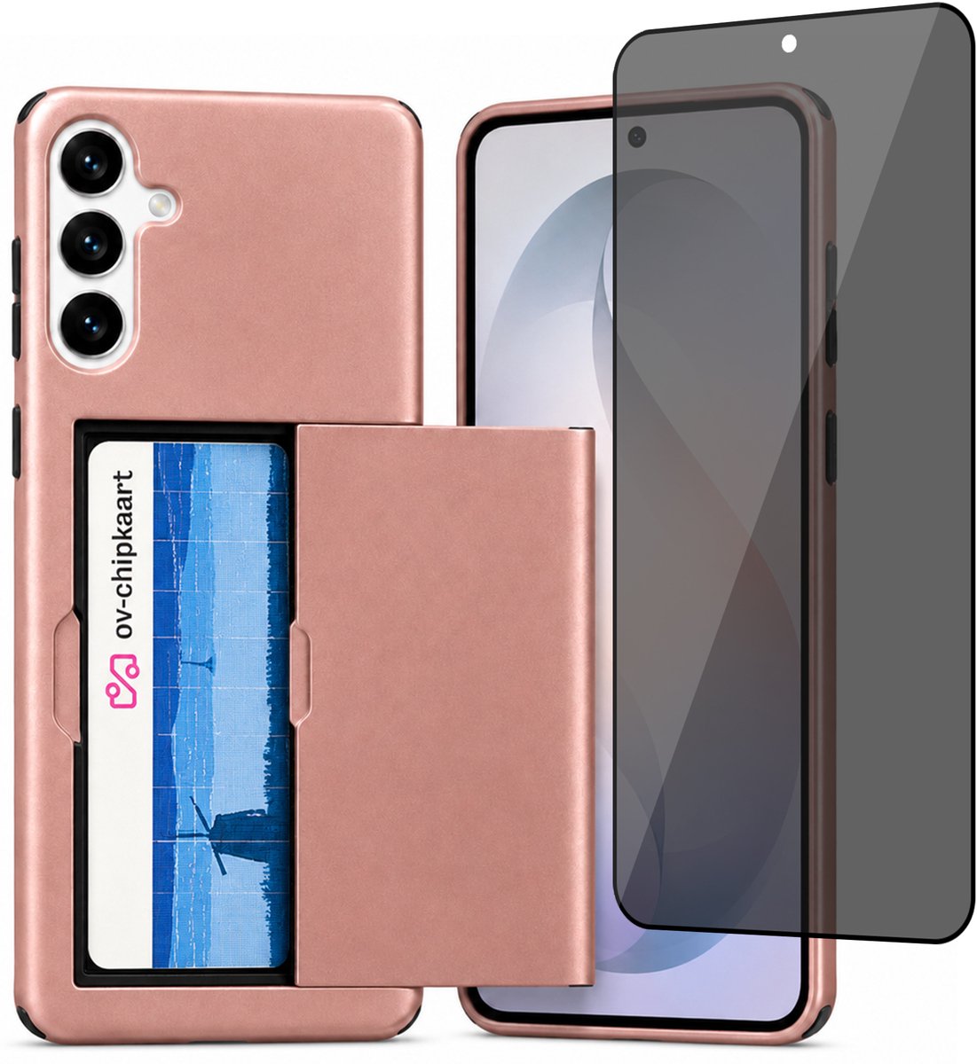 Hoesje met Pasjeshouder geschikt voor Samsung Galaxy S26 Plus – Back Cover Slide Case – Roségoud – Privacy Screenprotector – Anti Inkijk