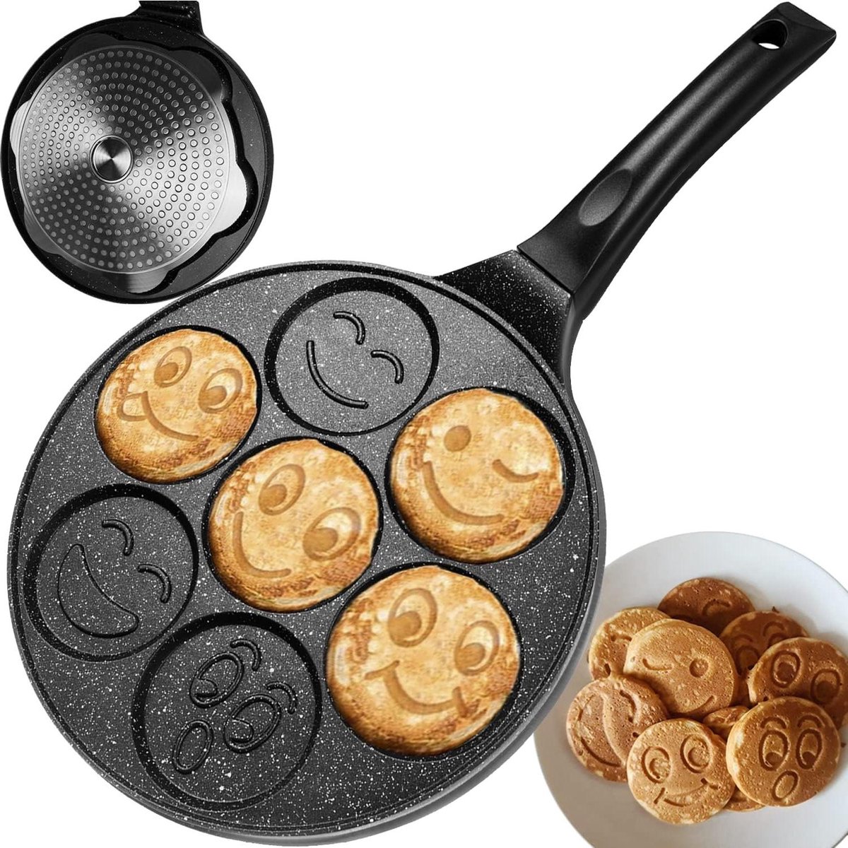 Kinderen Pannenkoekenpan - Eierpan Vorm - Vrolijk Ontbijten - 7 Vrolijke Motieven - Diameter 26 cm - Zwart