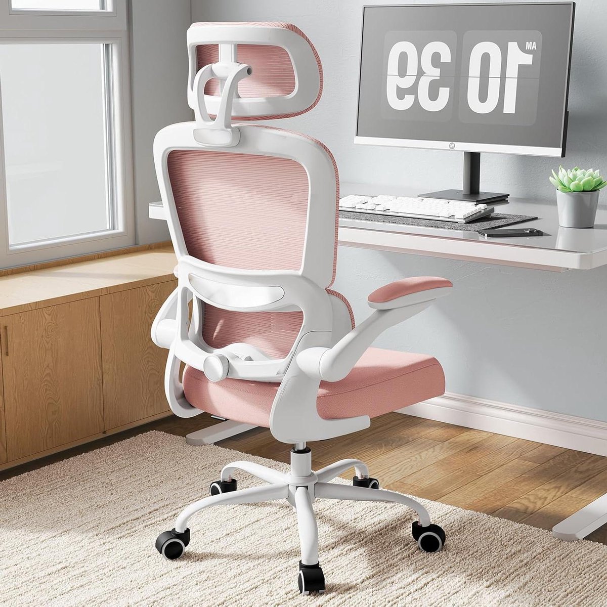 Ergonomische Bureaustoel - Comfort Stoel - Langdurig Zitten - Verstelbare Lendensteun - 150 kg Draagkracht - Roze