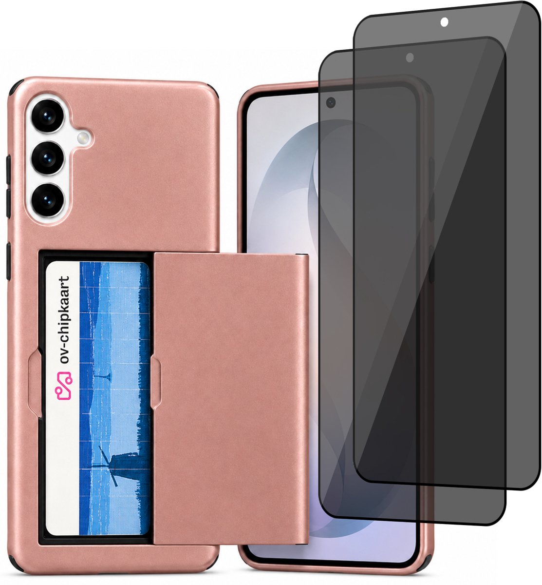 Hoesje met Pasjeshouder geschikt voor Samsung Galaxy S26 – Back Cover Slide Case – Roségoud – 2 Stuks Privacy Screenprotector – Anti Inkijk