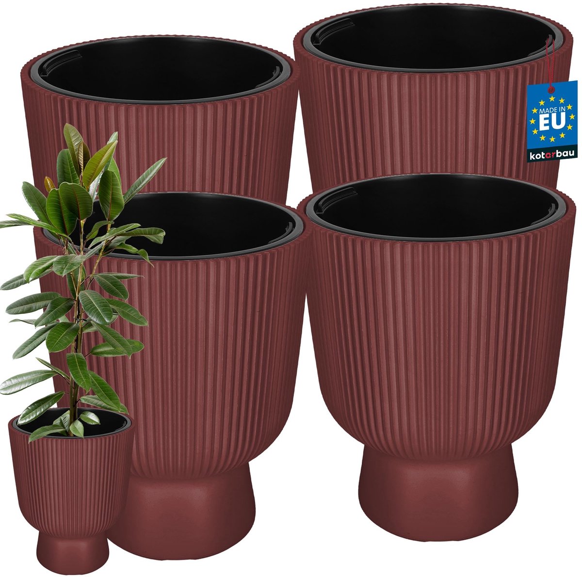 KOTARBAU® 4 Stuks - Bloempot - Plantenpot Ø 39 cm - met Binnenpot - Geribbelde Plantenbak - Plantenpot met Voet - Plantenbak - Kunststof - H: 49 cm - Marsala