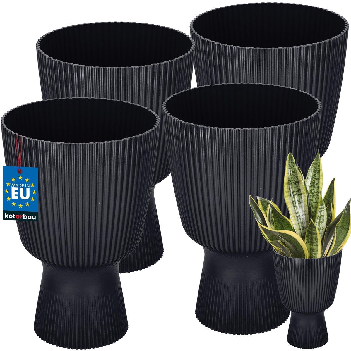 KOTARBAU® 4 Stuks - Bloempot - Plantenpot met Sokkel ⌀ 18 cm - PVC - Geribbelde Orchideeënpot - H: 27 cm - Antraciet - Kelkvorm