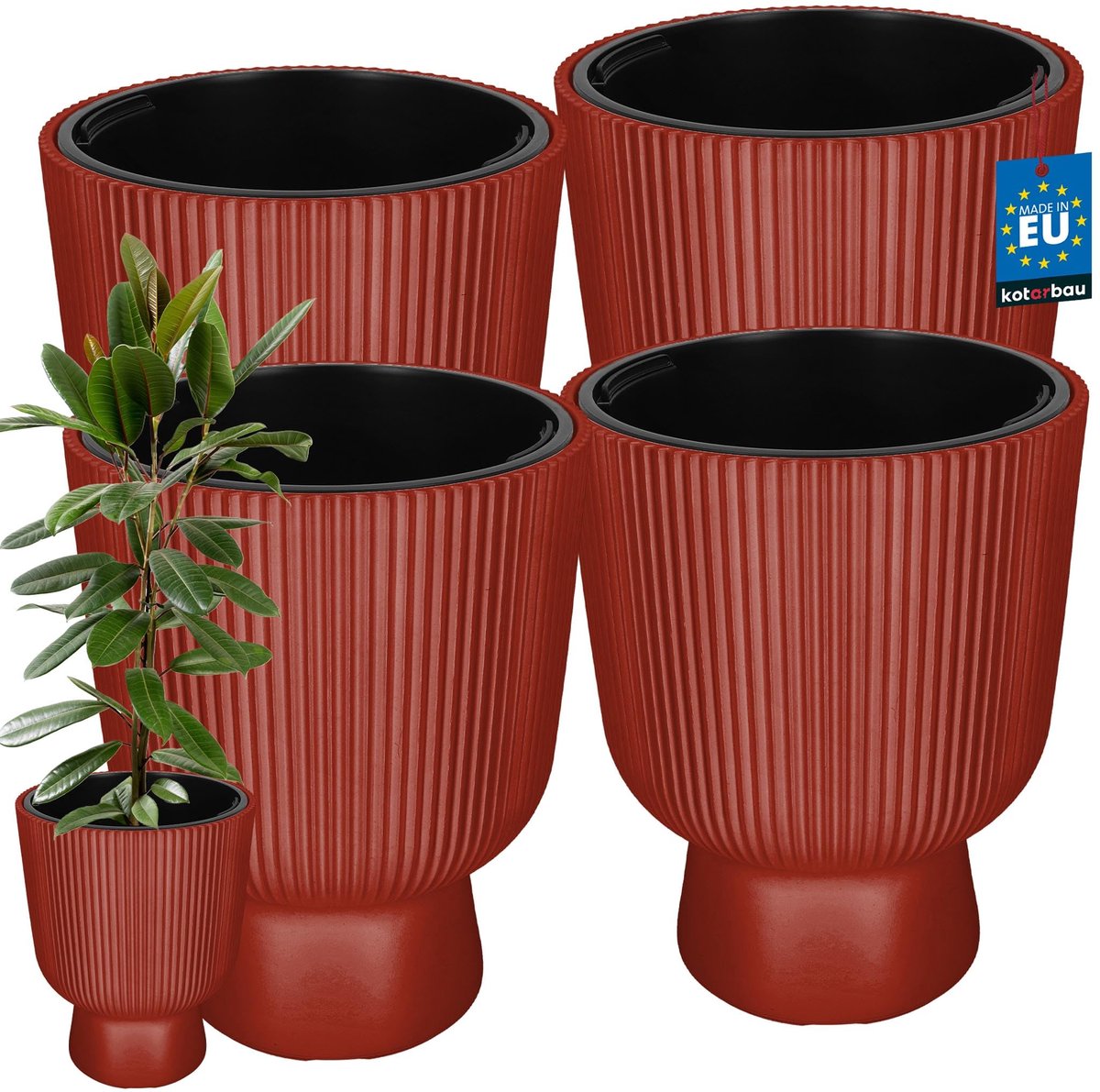 KOTARBAU® 4 Stuks - Bloempot - Plantenpot Ø 39 cm - met Binnenpot - Geribbelde Plantenbak - Plantenpot met Voet - Plantenbak - Kunststof - H: 49 cm - Baksteen