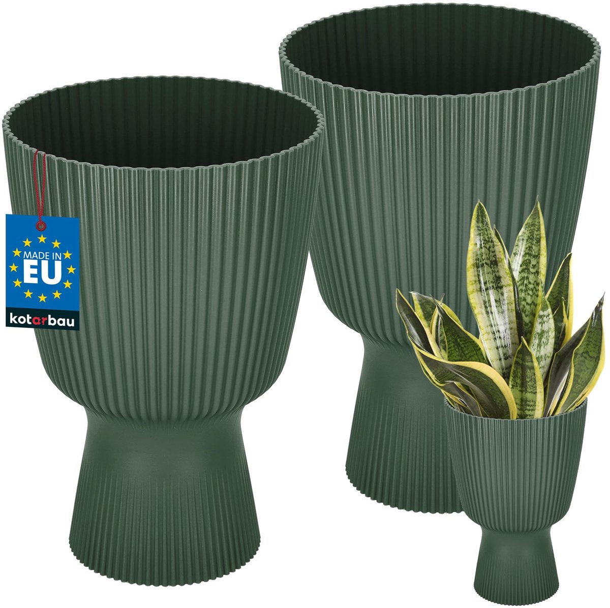 KOTARBAU® 2 Stuks - Bloempot - Plantenpot met Sokkel ⌀ 18 cm - PVC - Geribbelde Orchideeënpot - H: 27 cm - Groen - Kelkvorm