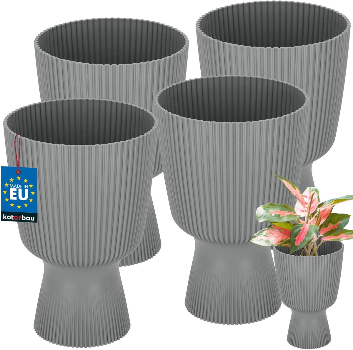 KOTARBAU® 4 Stuks - Bloempot - Plantenpot met Sokkel ⌀ 14 cm - PVC - Geribbelde Orchideeënpot - H: 21 cm - Grijs - Kelkvorm