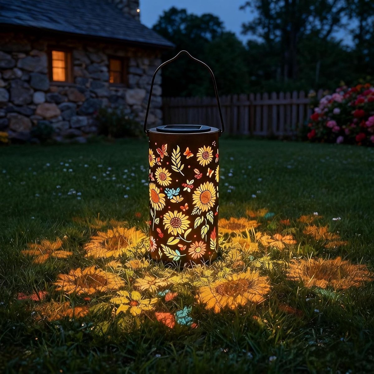 SnelShoppen - Kleurrijke Zonnebloem Glow Solar Tuinlantaarn - Buiten Hangende Metalen Solar Lantaarn met Kleurvolle Zonne Pendant Licht - Waterdichte