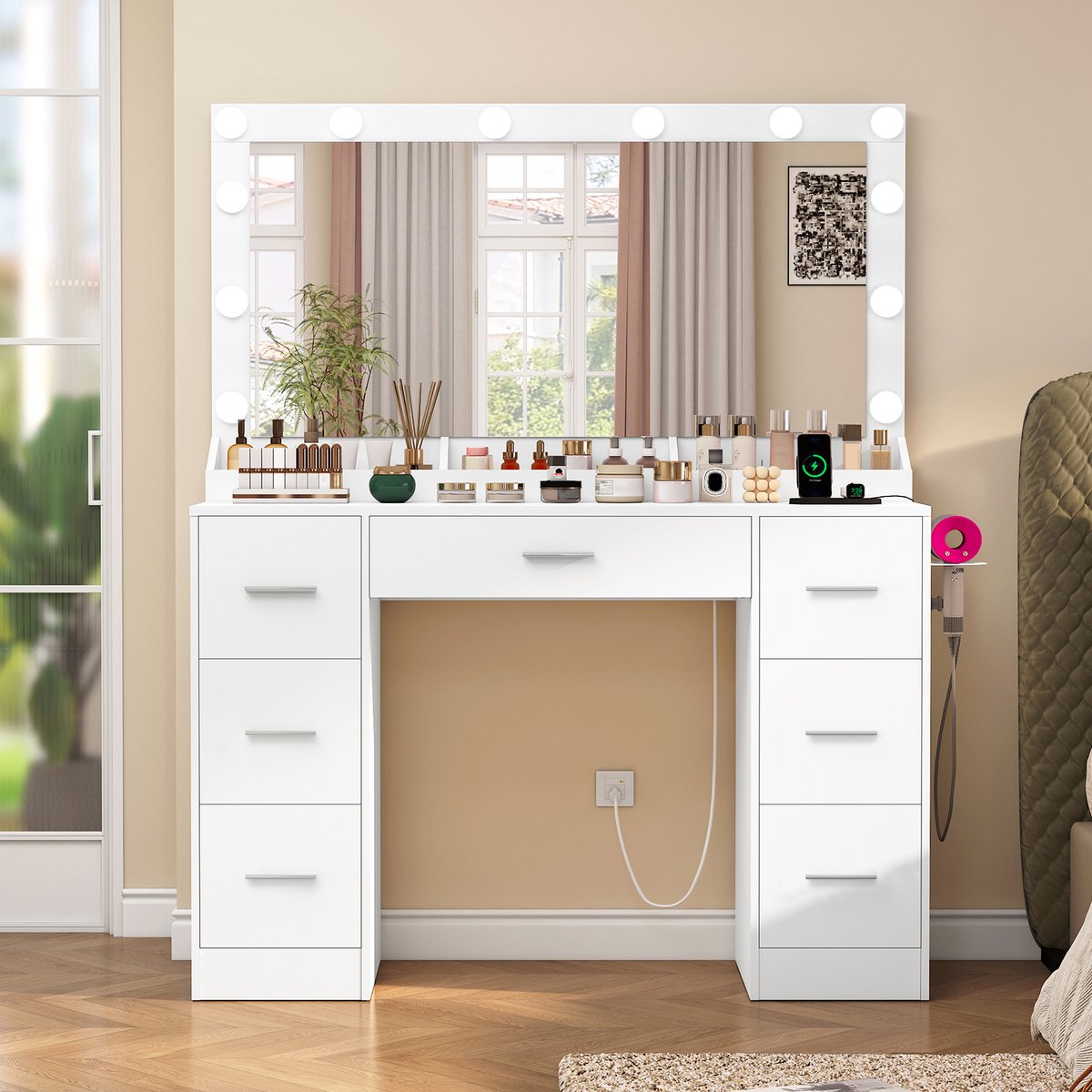 Grote kaptafel met Verlichting-Stopcontact- 7 Laden-3 Planken - Moderne Kaptafel -Slaapkamer - Wit
