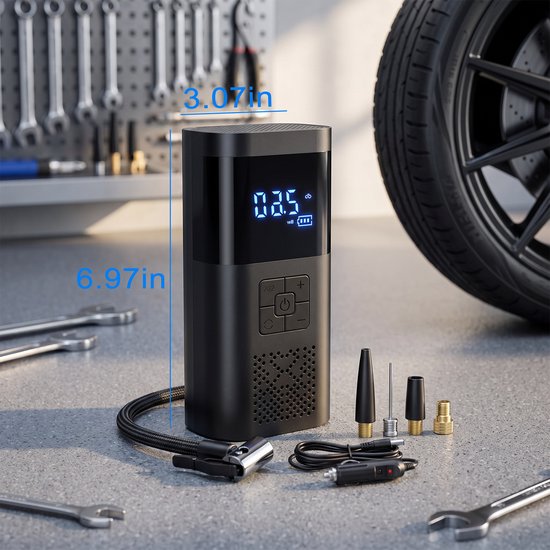 longziming -Draagbare Elektrische Luchtpomp - Mini Bandenpomp met Digitaal Display, LED Verlichting & Powerbank - Automatische Stopfunctie voor Auto, Fiets, Motor en Ballen — afbeelding 5