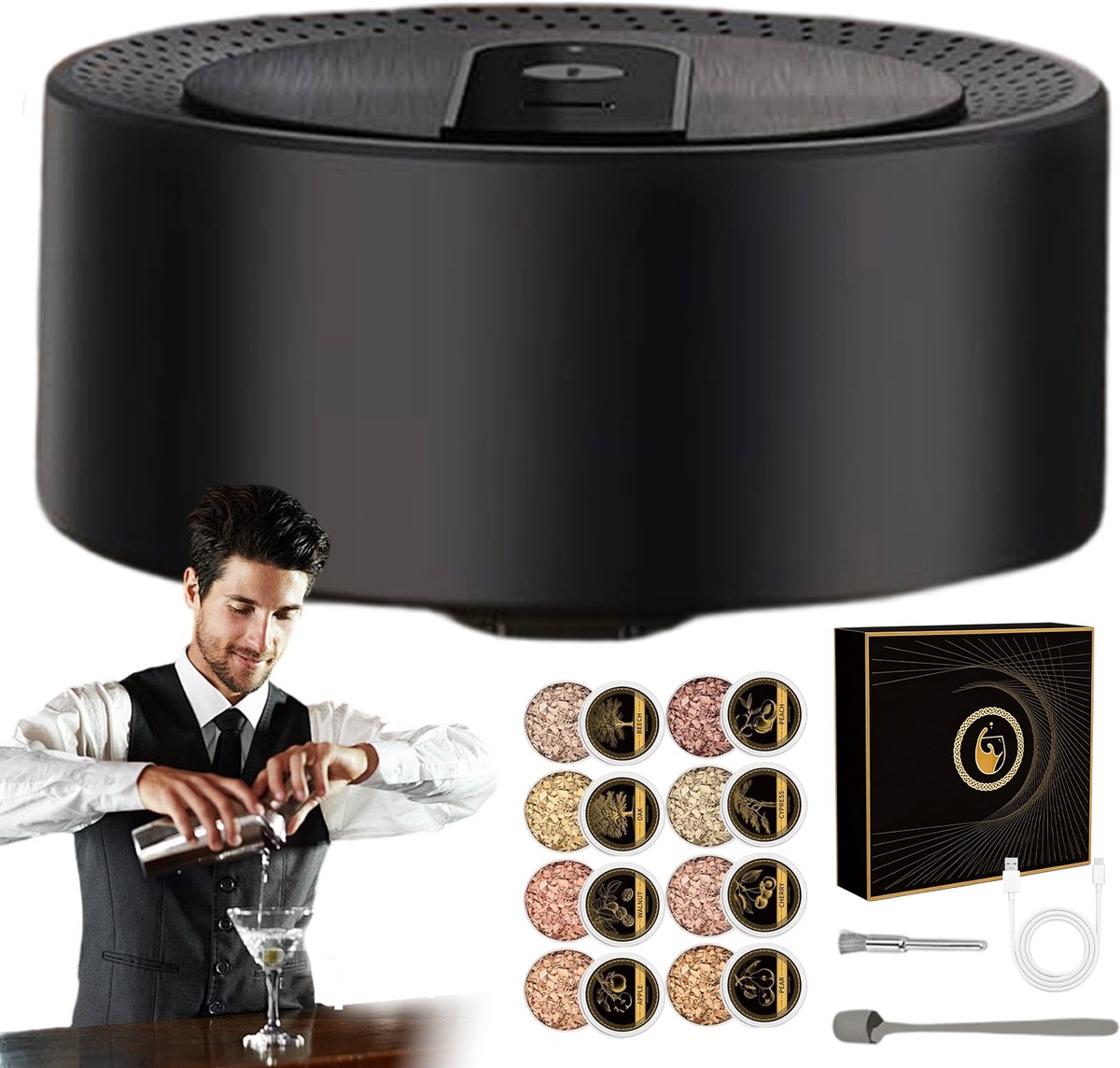 Elektrische Whiskey Rookset - 650mAh Type-C & Vlamloos - 8 Gearomatiseerde Houtsnippers - Cocktail & Voedsel Koud Roken - Rookwaterval Effect - Voor Whisky, Barbecue & Feestjes