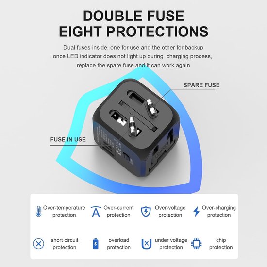 Zwarte reisadapter met dubbele zekeringen en beschermingspictogrammen.