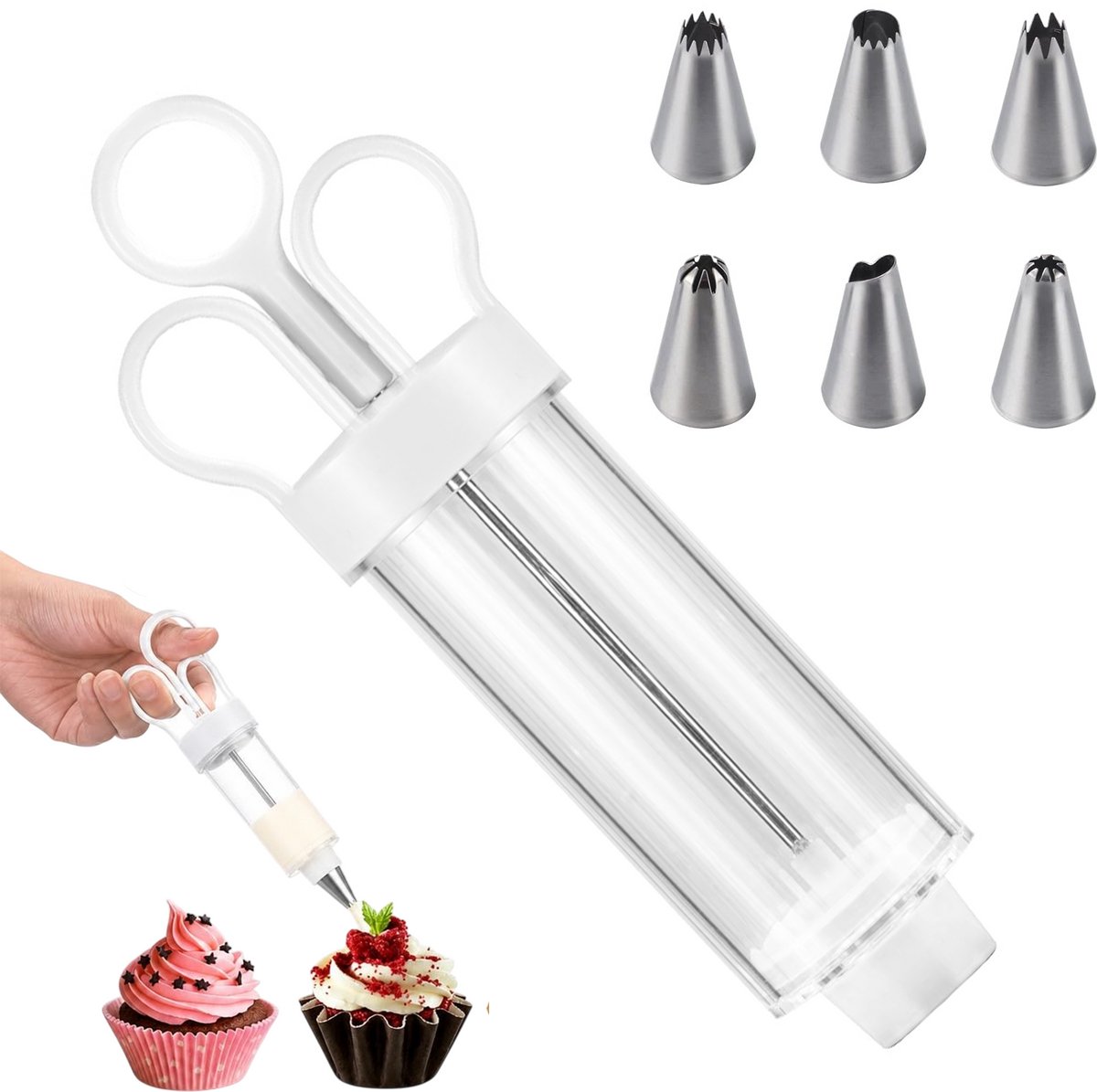 Plastic boterspuit - 2-Delige Spuitset - Taart decoratie gereedschap - Spuitzakset - 22,5 cm x 6,6 cm - Inclusief 6 roestvrijstalen spuitmondjes - Geschikt voor koken en bakken