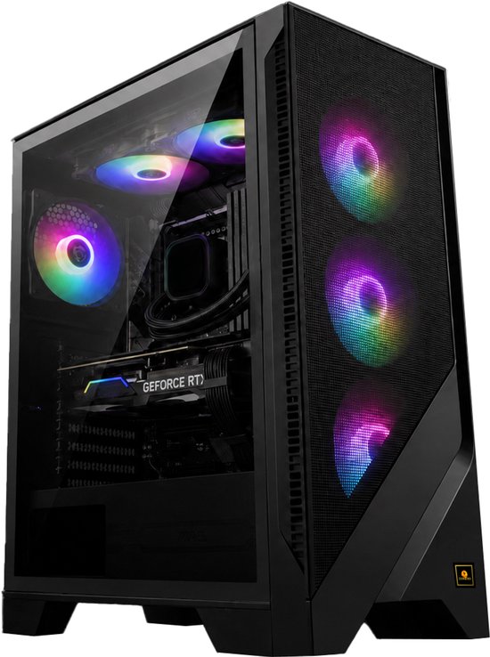 Zwarte pc-behuizing met gehard glazen zijpaneel, drie RGB-ventilatoren aan de voorkant en twee aan de bovenkant, met "GEFORCE RTX" grafische kaart.