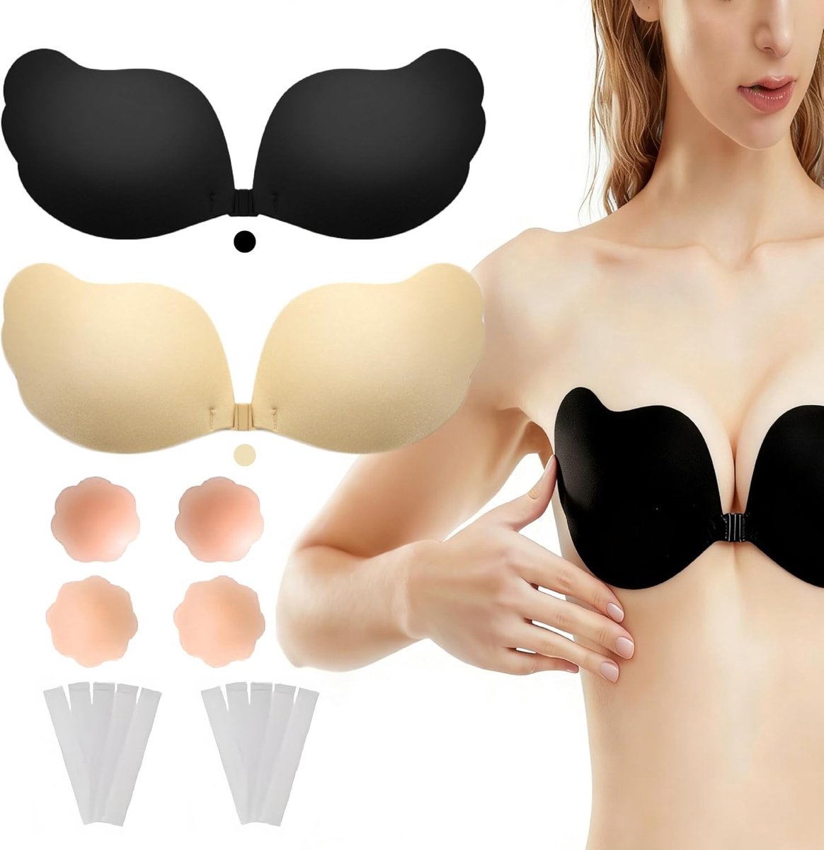 Set van 2 Push Up Strapless Onzichtbare Bh's voor Dames met 4 Tepelpads en 10 Hechtingsstrips voor Rugloze Jurken en Tops