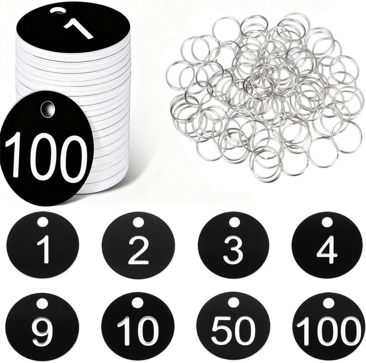 Gegraveerde Nummerplaten, Genummerde Tags, Plastic Nummer Labels voor Sleutels, Huizen en Lockers - 100 Stuks in Zwart