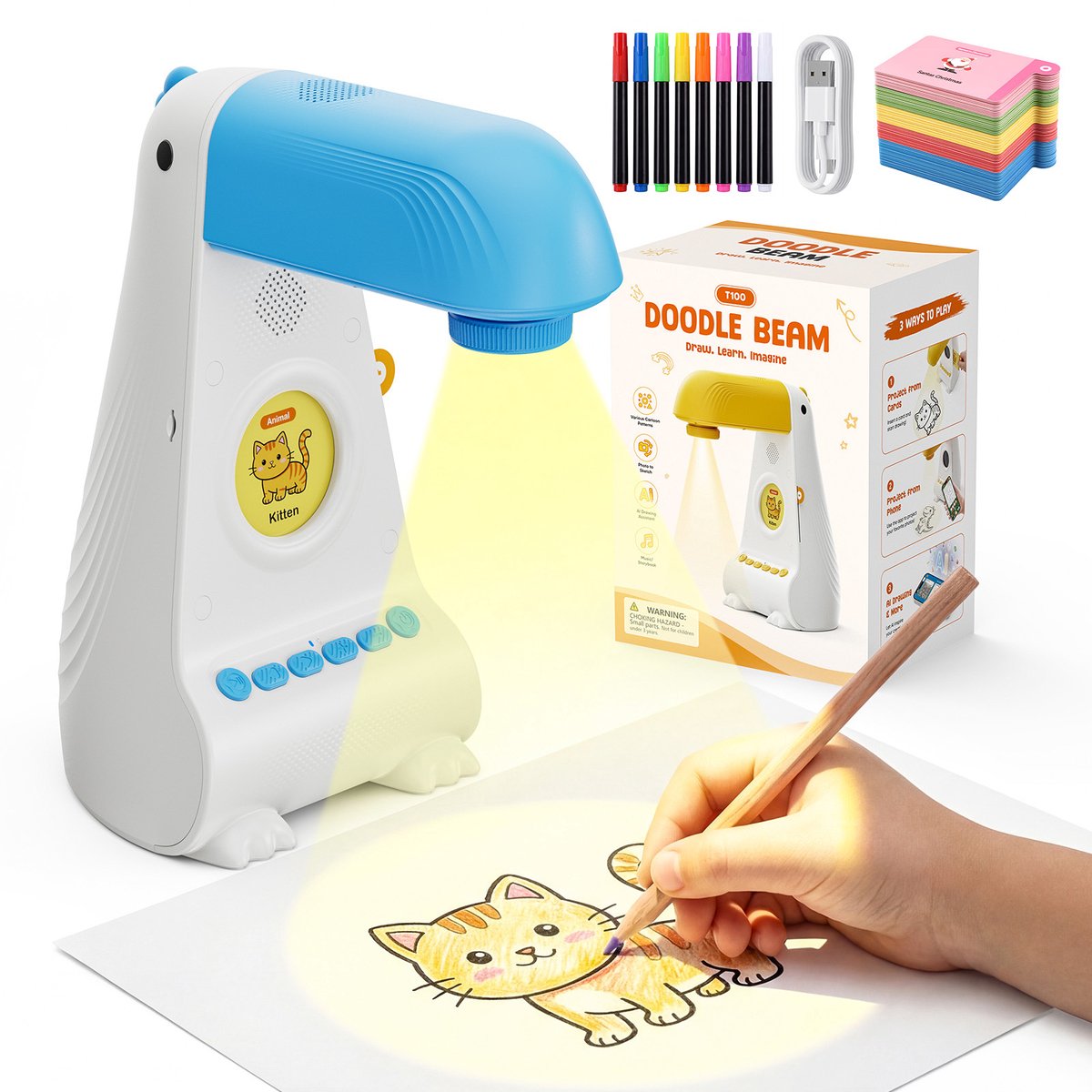 Namajunas - Teken projector voor kinderen - Inclusief 200 kaarten en 8 penselen - Stapsgewijze teken instructies - Met muziek weergave en verhalen modus - Creatieve tekening kopiëren beamer - Educatief teken speelgoed voor creatieve ontwikkeling