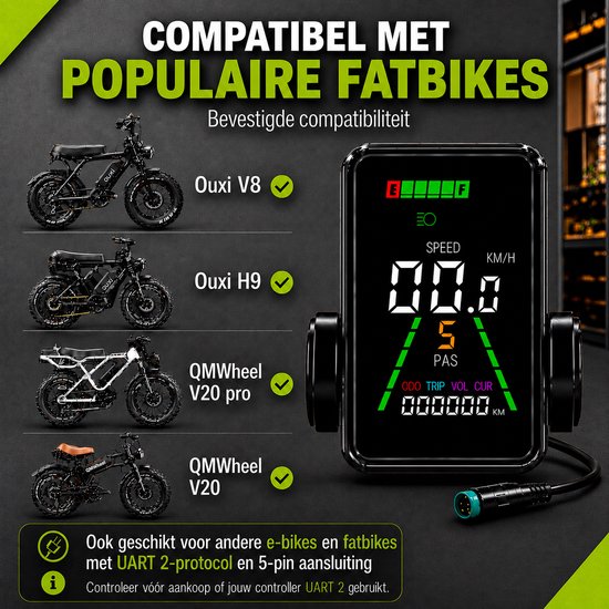 Lynox Velocity Display - Fatbike Scherm - Geschikt voor QMWheel V20 en V20 pro, Ouxi V8 en H9 - Kleurenscherm - UART 2 Protocol - Waterdicht - Inclusief Bedieningsknop - Plug & Play installatie - Niet opvoerbaar — afbeelding 3