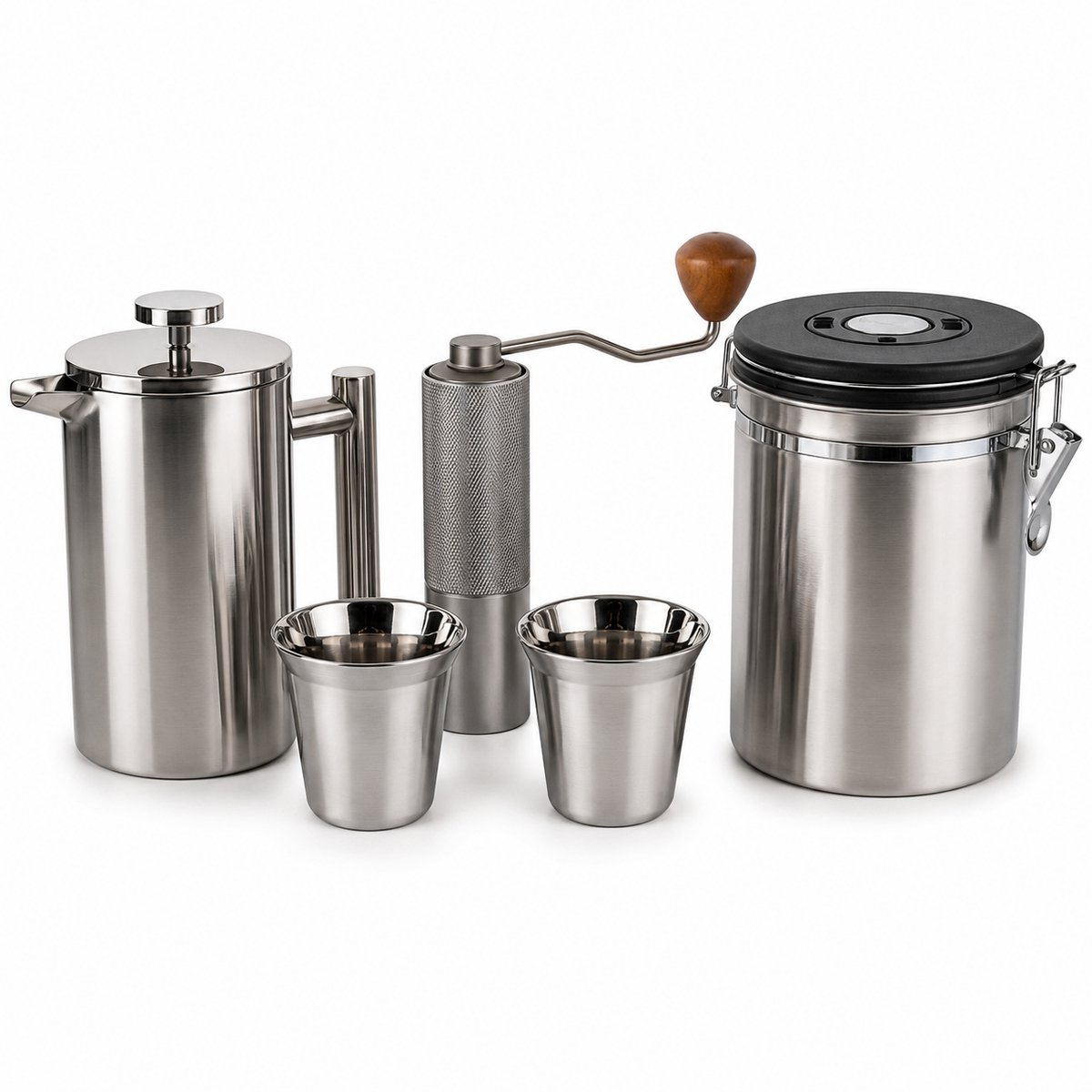My Green Deal RVS Koffieset – French Press 600 ml – Handmatige Koffiemolen – Koffiebus 1,8 L – 2 Koffiebekers