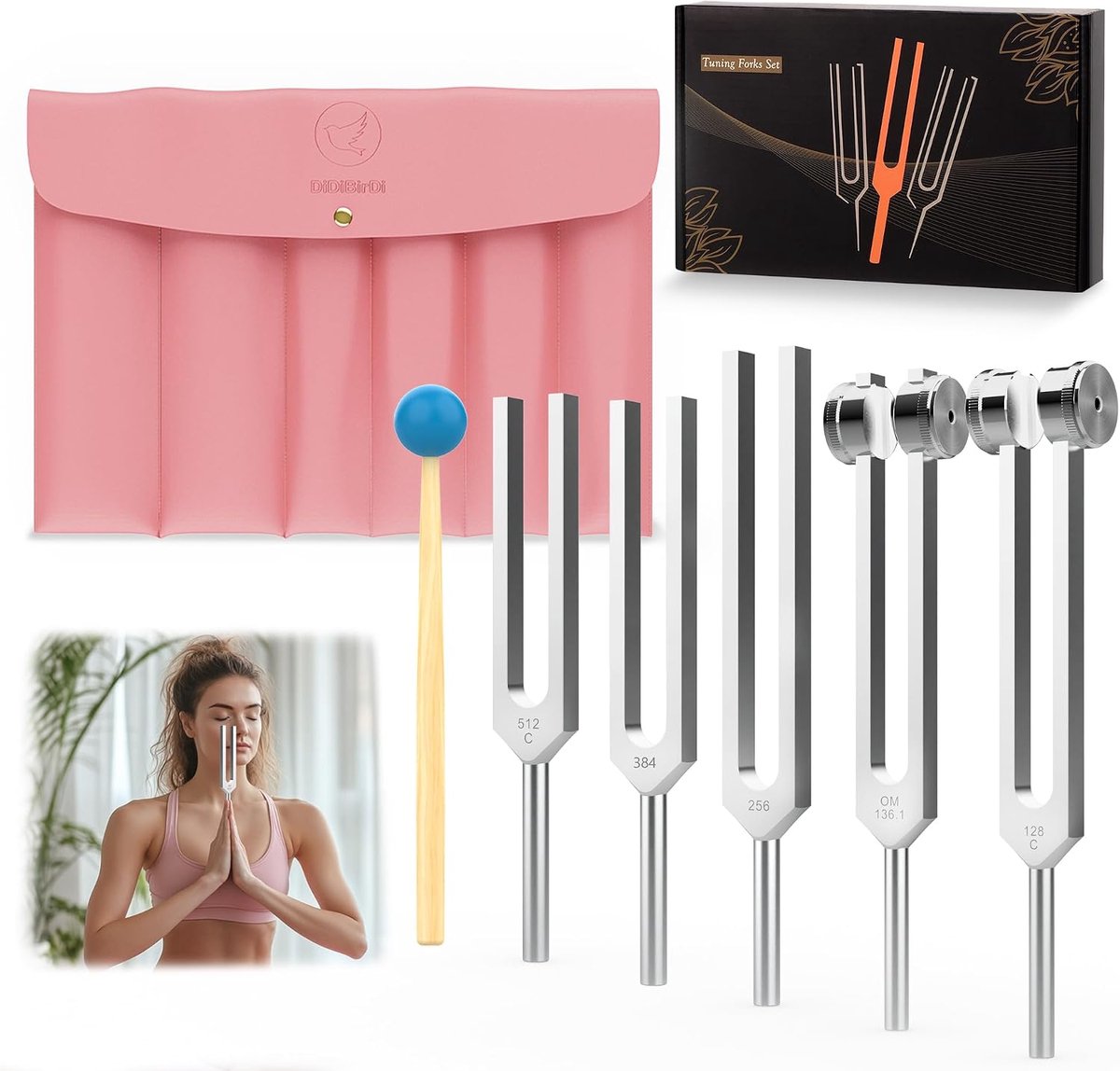 SnelShoppen - Tuning Fork Set van 5 Stemvorken (128Hz, 136.1Hz, 256Hz, 384Hz, 512Hz) met PU Leren Etui en Rubber Hamer voor Yoga Meditatie Ontspanning