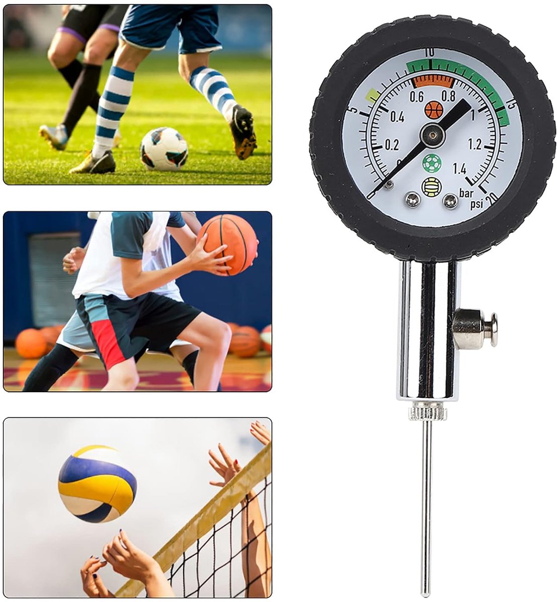 SnelShoppen - Draagbare Voetbal Drukmeter en Luchtdrukmeter, Metalen Constructie voor Basketbal, Volleybal, Rugby, Compact en Lichtgewicht, Precisie D
