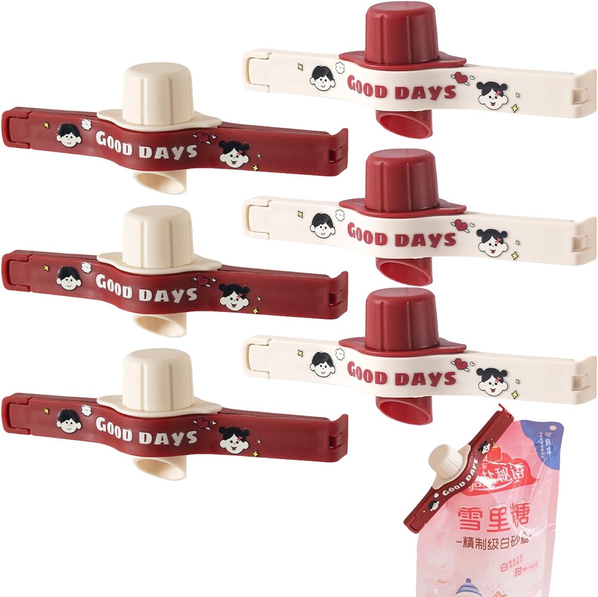 SnelShoppen - 6 Stuks Voedselzak Klemmen, Verzegelclips voor Tassen, Luchtdichte Sluitclips voor Voedsel, Snacks, Noten, Keuken, Rood en Beige, 13,7 c