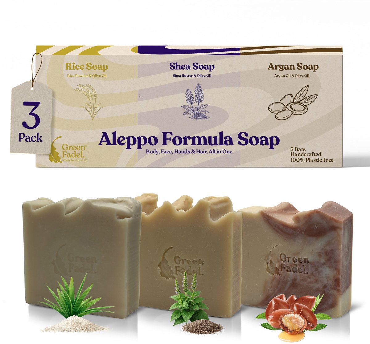 GREEN FADEL Aleppo Formula Zeep Set 3x ca. 100 g - Rijstpoeder, Sheaboter & Arganolie - Alles-in-één zeep voor gezicht lichaam handen en haar - Handgemaakt - Plasticvrij verpakt
